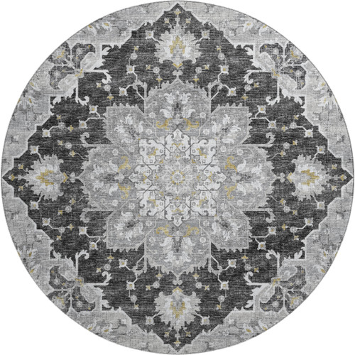 8' Graphite Gold And Charcoal Floral Medallion Distressed Washable Round Rug With UV Protection