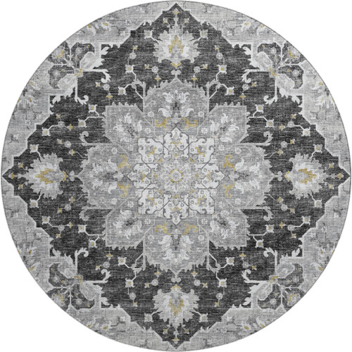 8' Graphite Gold And Charcoal Floral Medallion Distressed Washable Round Rug With UV Protection