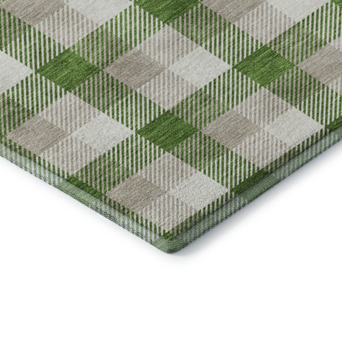 8' Emerald Beige And Ivory Plaid Washable Round Rug With UV Protection