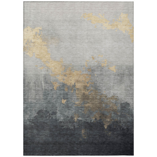 9' X 12' Gold And Charcoal Abstract Washable Indoor Outdoor Area Rug