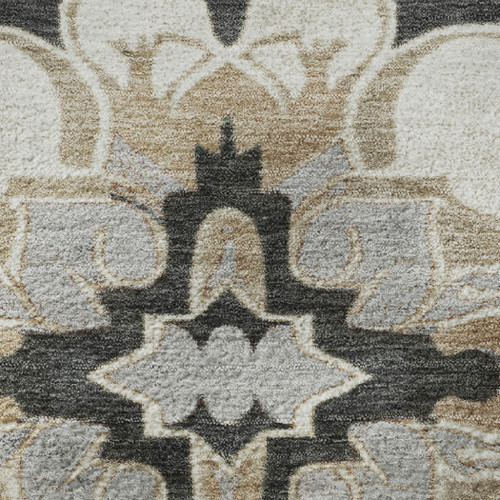 5' X 8' Charcoal Taupe And Ivory Floral Medallion Washable Area Rug With UV Protection