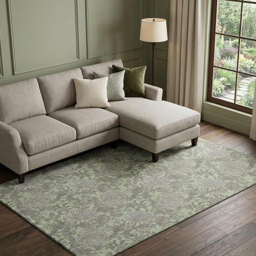 9' X 12' Artichoke Green And Gray Floral Washable Area Rug With UV Protection