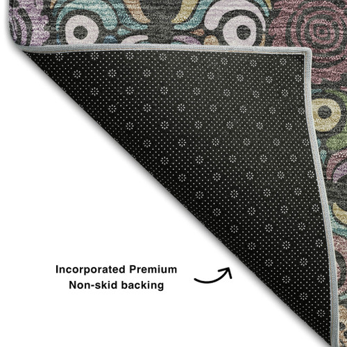9' X 12' Black Purple And Teal Medallion Washable Area Rug With UV Protection