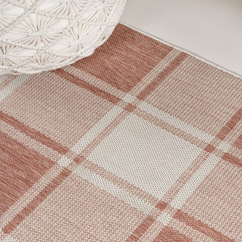8' Salmon And Cream Gingham Indoor Outdoor Runner Rug