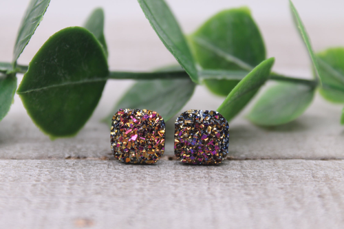Goldenberry Druzy Square || Stud Earrings || Hypoallergenic