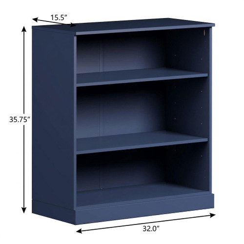 36" Navy Blue Solid Wood Adjustable Three Tier Library Bookcase
