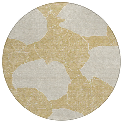 8' Gold And Ivory Round Floral Washable Indoor Outdoor Area Rug