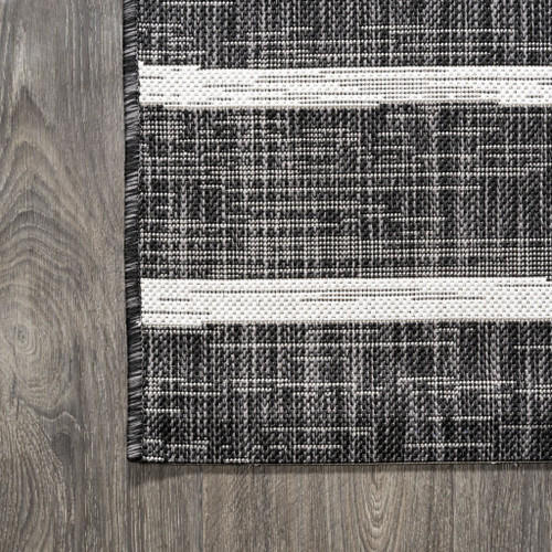 9' Black And Ivory Round Striped Indoor Outdoor Area Rug