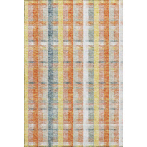 9' X 12' Peach Ivory And Yellow Plaid Washable Area Rug With UV Protection