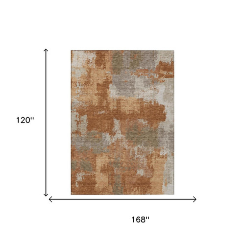 10' X 14' Orange And Brown Abstract Washable Indoor Outdoor Area Rug