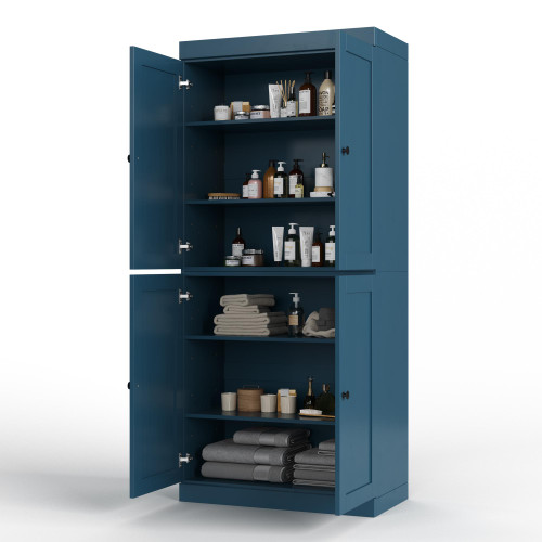 32" Teal Blue Solid Wood Free Standing Four Door Linen Cabinet