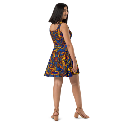 Women Skater Dress in African Fabric Print Yellow and Blue
