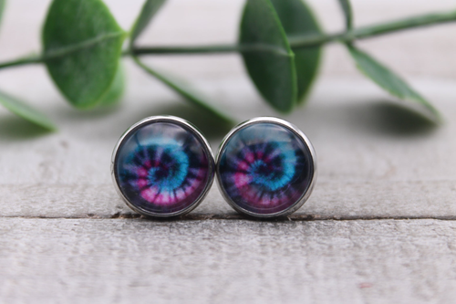 Purple & Blue Tie Dye Swirl || Glass Stud Earrings || Hypoallergenic