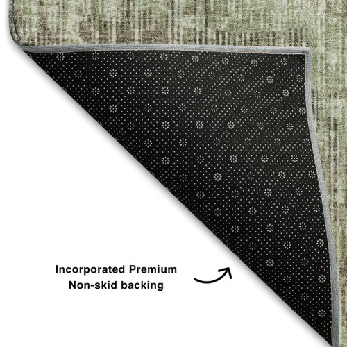 8' Fern Green And Taupe Geometric Washable Round Rug With UV Protection
