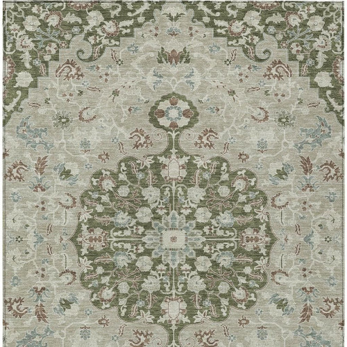 8' X 10' Olive Green And Sage Floral Medallion Washable Indoor Outdoor Area Rug