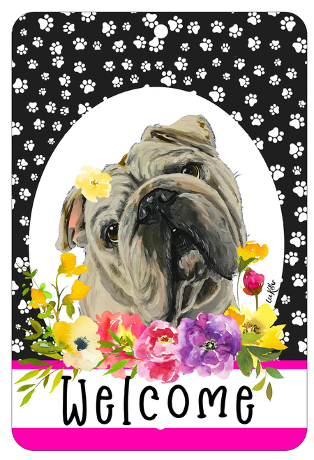 English Bull Dog - HHS Paw Prints Welcome Indoor/Outdoor Aluminum Sign 