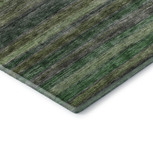 8' Artichoke Green And Gray Striped Washable Round Rug With UV Protection