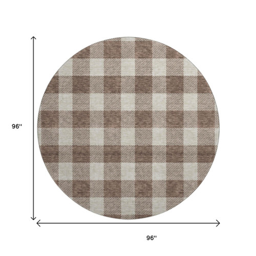 8' Brown And Beige Plaid Washable Round Rug With UV Protection