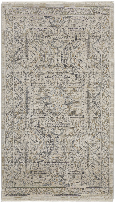 3' X 5' Ivory And Gray Medallion Distressed Area Rug With Fringe