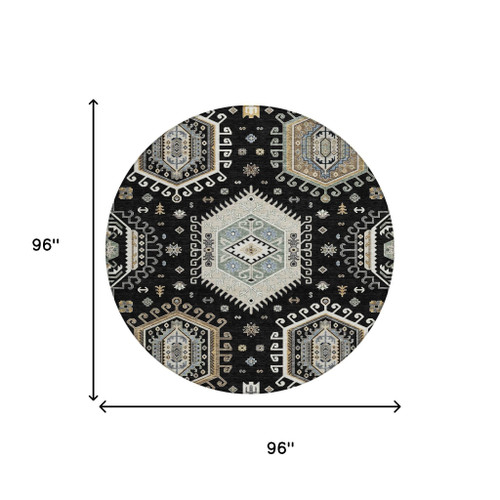 8' Black And Ivory Round Tribal Washable Indoor Outdoor Area Rug