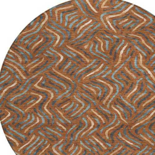 8' Orange And Teal Blue Round Abstract Washable Indoor Outdoor Area Rug