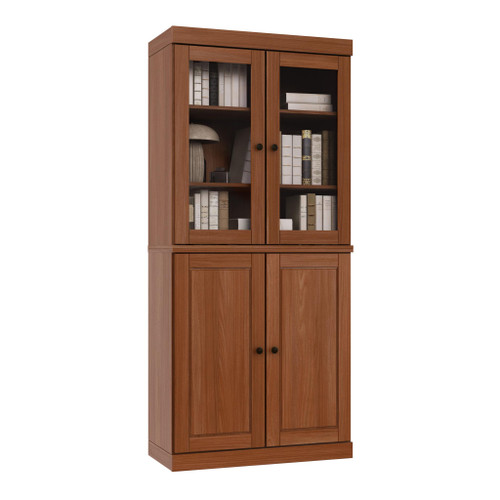 72" Coffee Solid Wood Adjustable Six Tier Library Bookcase with Four Doors