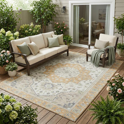 5' X 8' Peach And Gold Oriental Washable Indoor Outdoor Area Rug