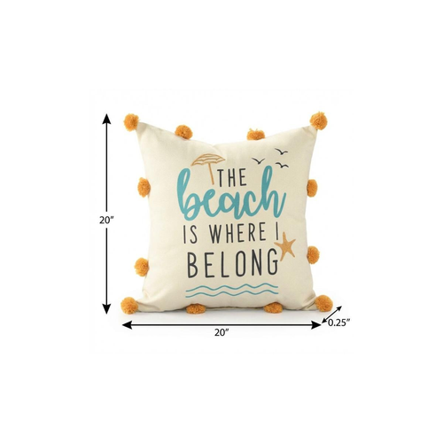 20" Blue Orange And Off White The Beach Is Where I Belong Beach Nautical Throw Pillow Cover with Pompoms