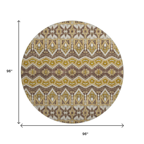 8' Gold Brown And Ivory Moroccan Washable Round Rug With UV Protection