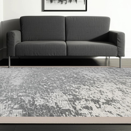 5' X 7' Gray White And Brown Abstract Washable Area Rug With UV Protection