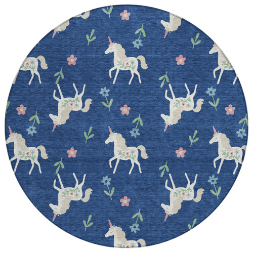 8' Navy Blue And Green Round Floral Washable Indoor Outdoor Area Rug