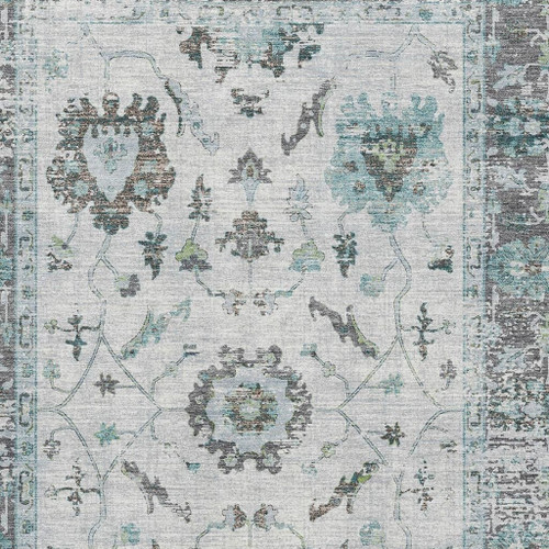 5' X 8' Teal Gray And Charcoal Oriental Washable Area Rug With UV Protection