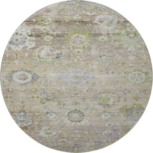 8' Beige Green And Blue Floral Washable Round Rug With UV Protection