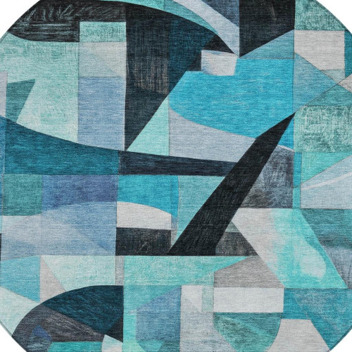 8' Teal Blue Black Aqua And Turquoise Round Abstract Washable Indoor Outdoor Area Rug