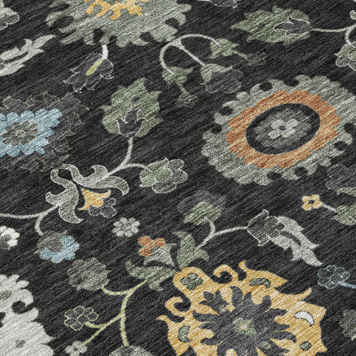 10' X 14' Black And Gray Floral Medallion Washable Indoor Outdoor Area Rug