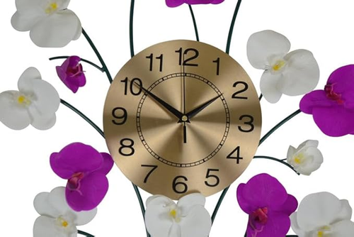30" Purple White And Gold Metal Silent Analog Floral Novelty Wall Clock