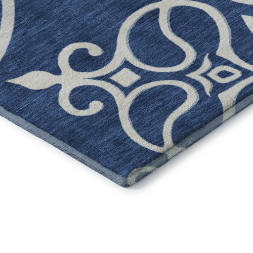 5' X 8' Navy Blue Ivory And Gray Floral Medallion Washable Area Rug With UV Protection