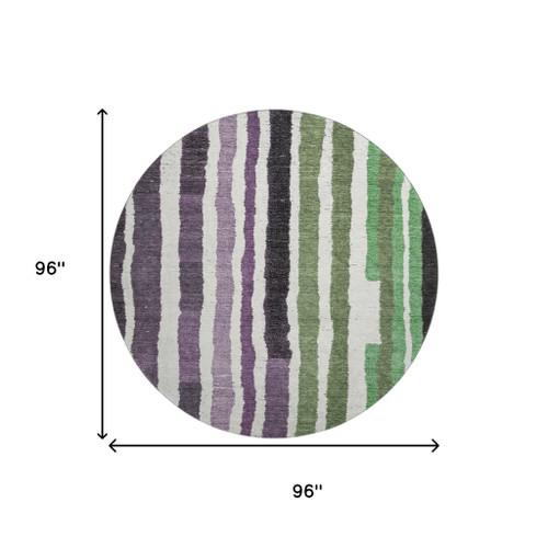 8' Purple Green And Ivory Striped Washable Round Rug With UV Protection
