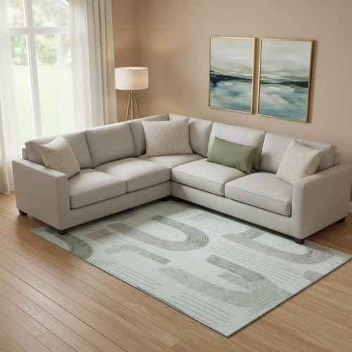 9' X 12' Mint Green Gray And Ivory Geometric Washable Area Rug With UV Protection