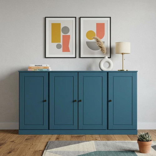65" Teal Blue Solid Wood Sideboard With Four Glass Doors