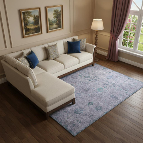 9' X 12' Lavender And Teal Oriental Washable Area Rug With UV Protection