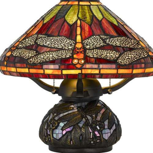 17" Bronze Dragonfly Two Light Round Tiffany Lamp With Dome Shade