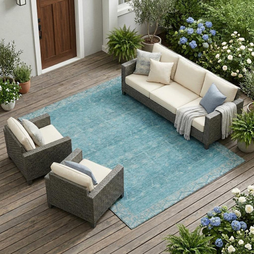 8' X 10' Blue And Teal Blue Tribal Washable Indoor Outdoor Area Rug