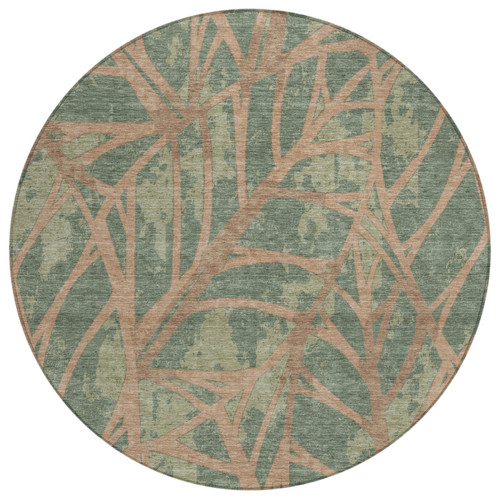 8' Green And Brown Round Floral Washable Indoor Outdoor Area Rug