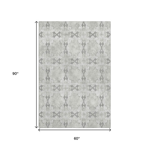 5' X 8' Ivory And Gray Floral Medallion Washable Area Rug With UV Protection