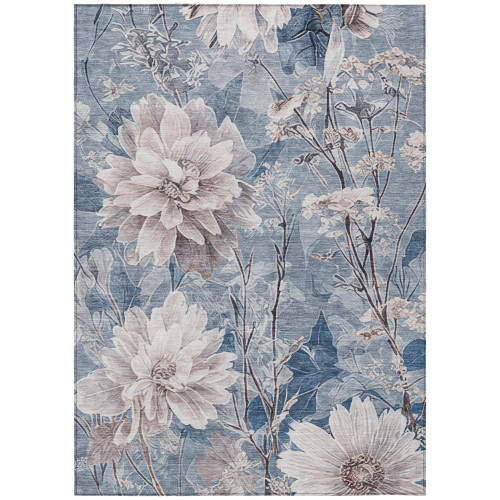 8' X 10' Blue And Silver Floral Washable Indoor Outdoor Area Rug