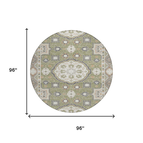 8' Sage And Green Round Floral Medallion Washable Indoor Outdoor Area Rug