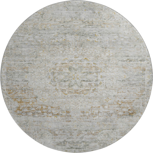 8' Taupe Beige And Gray Floral Medallion Washable Round Rug With UV Protection