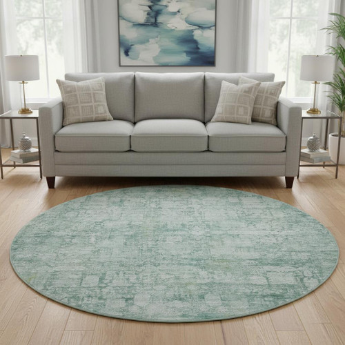 8' Teal And Ivory Oriental Washable Round Rug With UV Protection