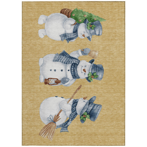 8' X 10' Gold Denim Blue And Ivory Snowmen Washable Indoor Outdoor Area Rug